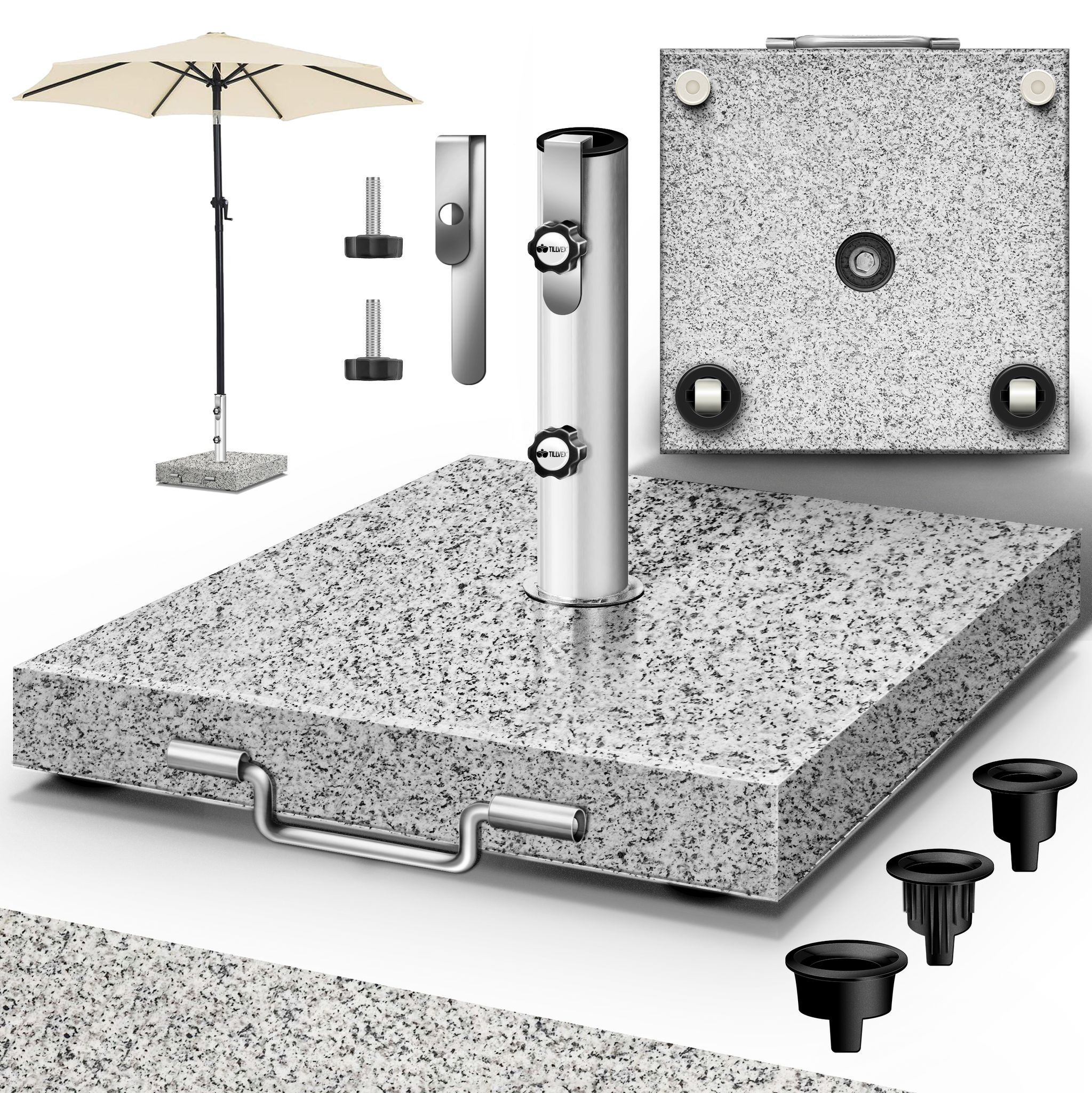 Tillvex – Pied De Parasol En Granit Gris Avec Roulettes – Tube En Acier