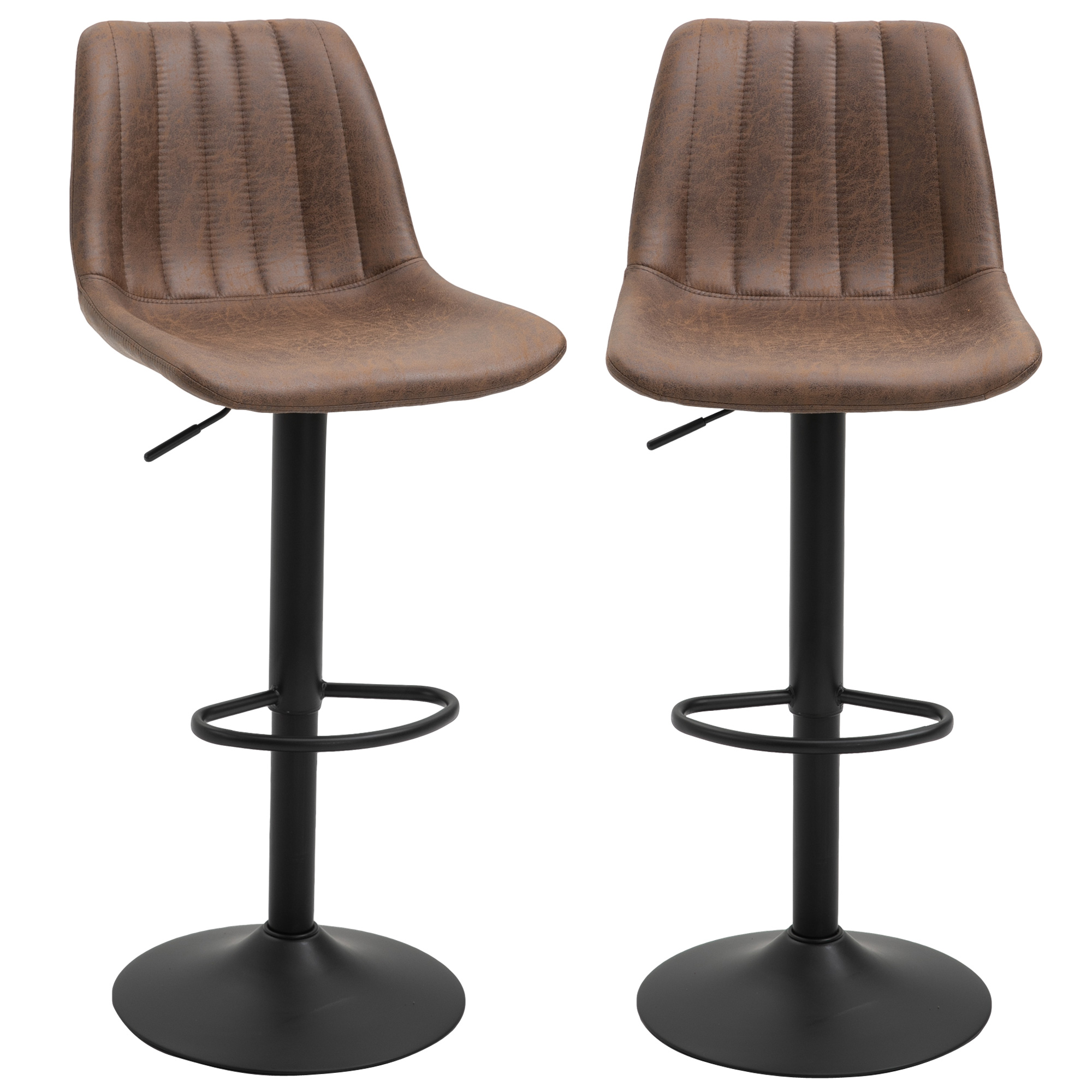 Homcom - Barhocker 2er Set, Gepolstert Barstuhl Mit Metallgestell, Lehne, Höhenverstellbar Küchenstühle Mit Fußstütze, 360° Drehbar, Tresenhocker Für Küche, Wohnzimmer, Esszimmer, Mikrofasertuch, Braun