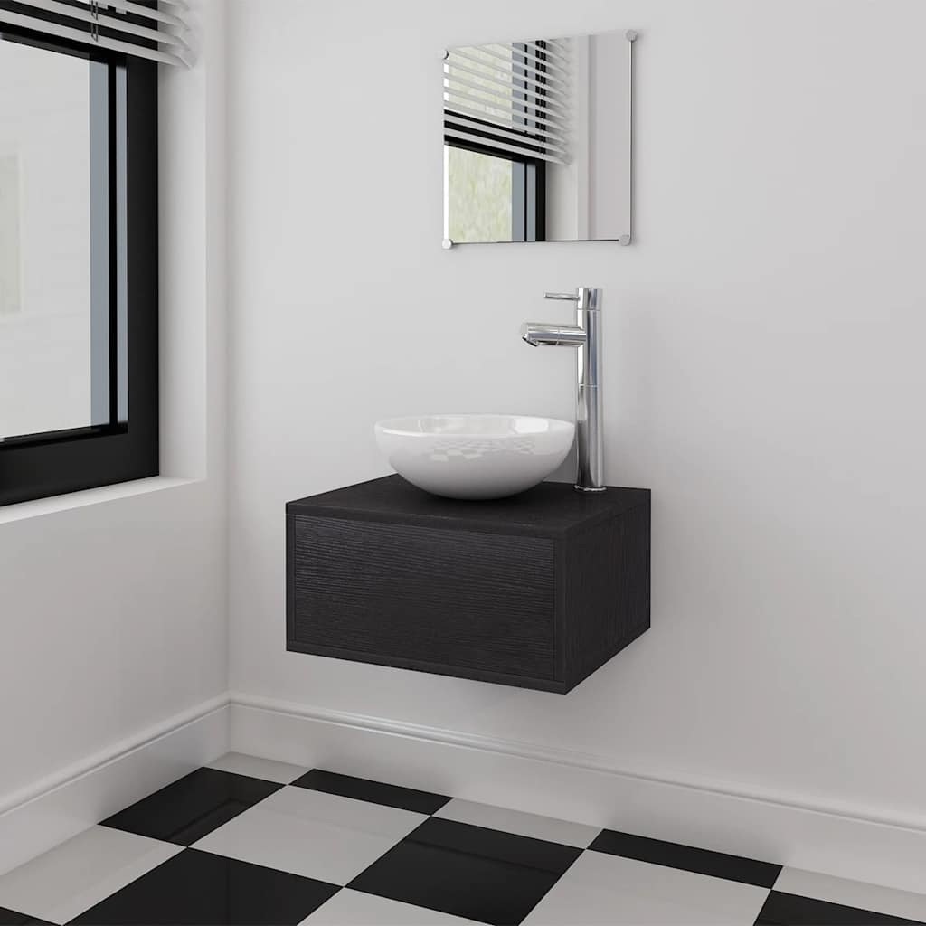 Vidaxl Schwarz 4-Tlg. Badmöbel-Set Mit Waschbecken Und Wasserhahn
