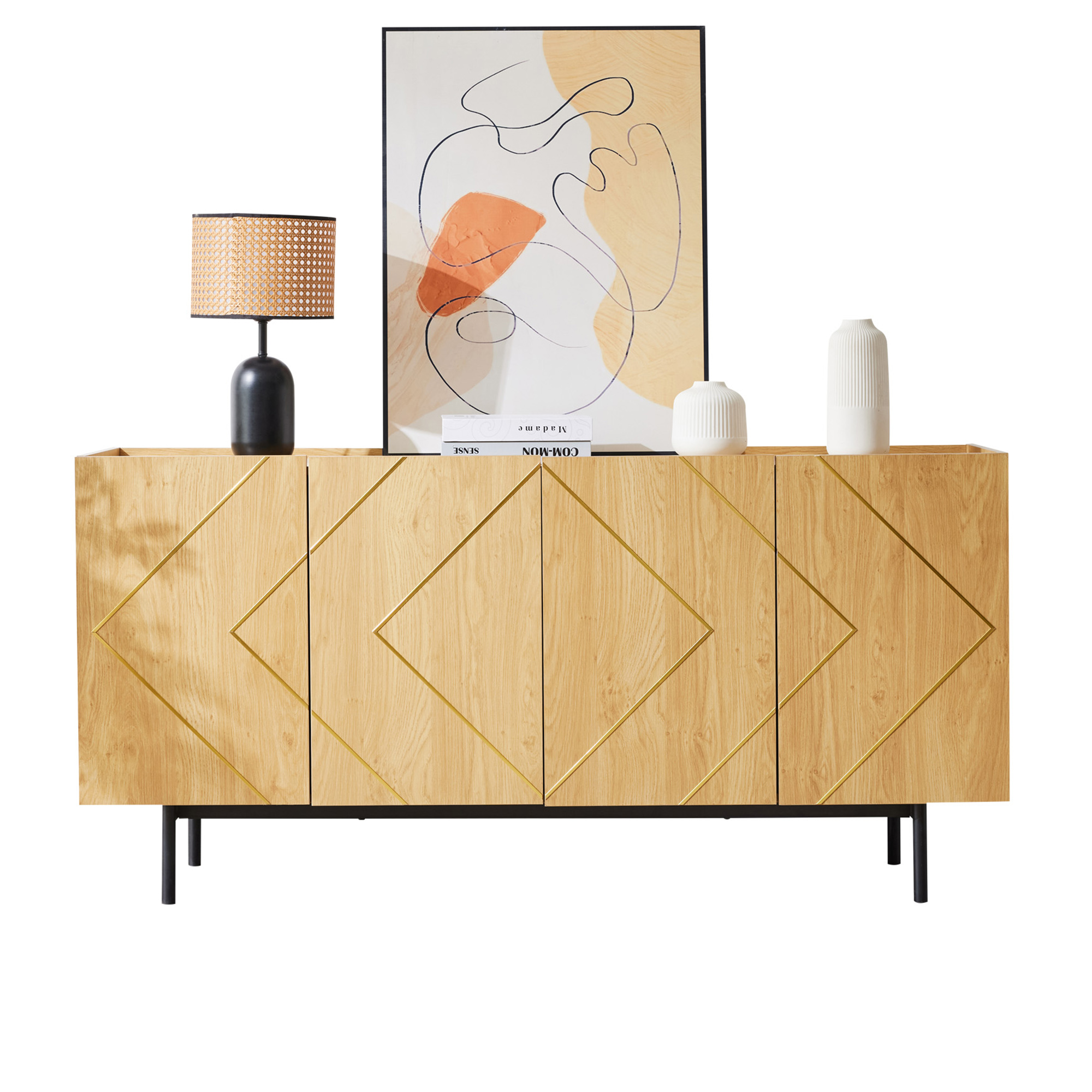 Stilvora Sideboard Mit 4 Türen Und Verstellbaren Einlegeböden, Griffloses Design Für Wohnzimmer Oder Esszimmer, Aus Spanplatte, Natur, 160 X 40 X 78 Cm