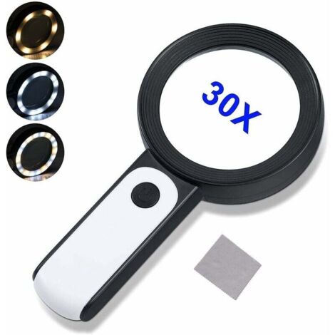 Loupe à main grossissante 30x, 18 LED 3 modes, objectif 80 mm, pour seniors, horloger, artisanat, monnaies et timbres