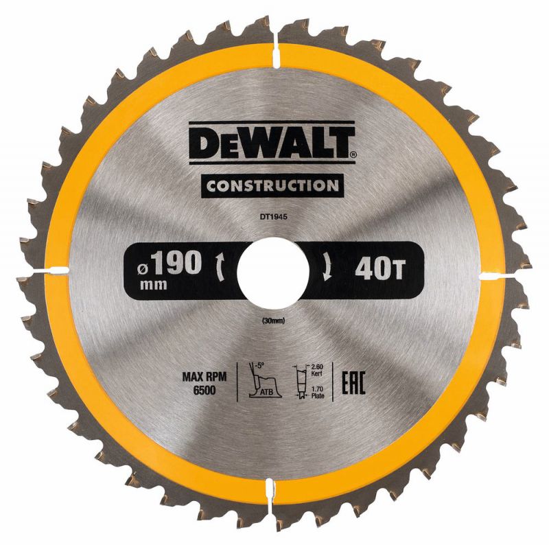Dewalt Sägeblatt 190 X 30 Mm, 40 Zähne, Atb 10°, Blattbreite 1,7 Mm, Universalschnitt Dt1945