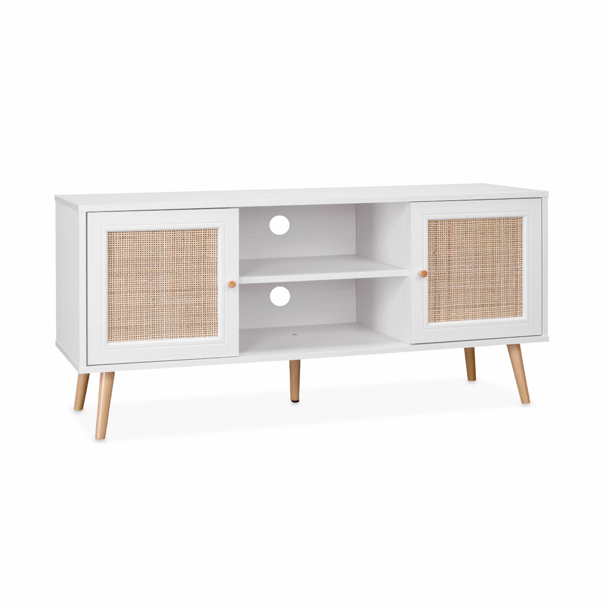 Sweeek - Meuble Tv En Cannage 120x39x56.5cm - Bohème - Blanc. 2