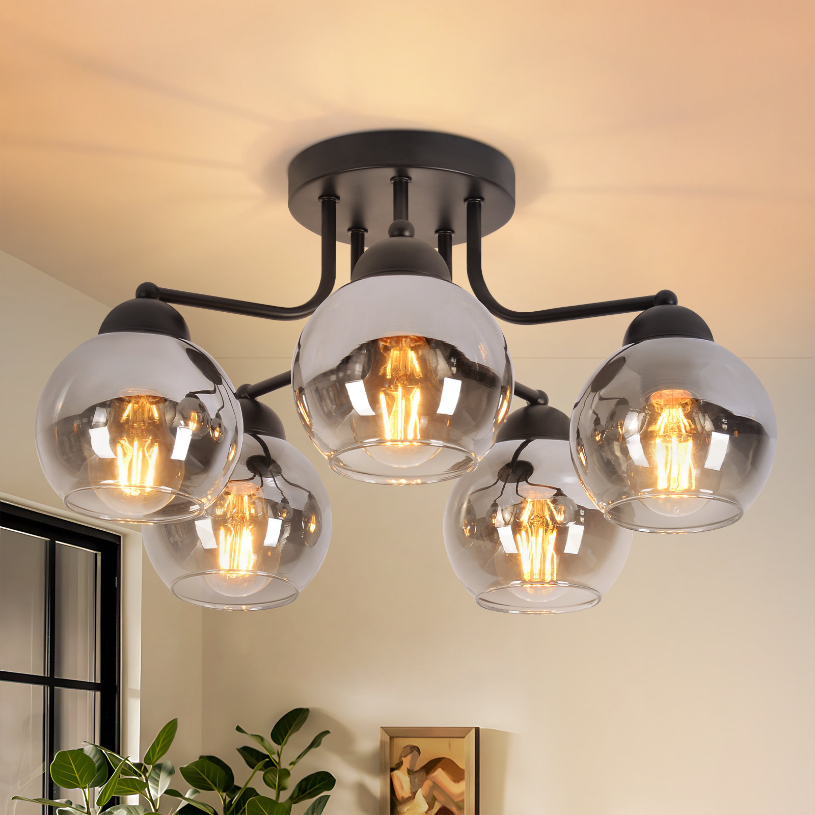 Zmh - Plafonnier Noir Plafonnier 5 Flammes : Vintage E27 Lampe De Salon