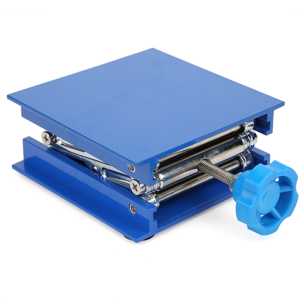 Plateforme élévatrice à ciseaux 100 x 100 mm en aluminium bleu, réglage par molette à vis