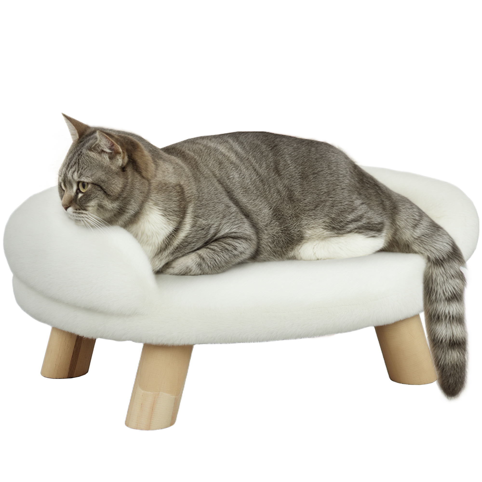Hundesofa, Hundebett, Haustiersofa Mit Erhöhtem Design, Hundecouch, Katzensofa, Hundesessel Mit Holzbeine, Flanelle, Creme, 47 X 40 X 20 Cm - Pawhut