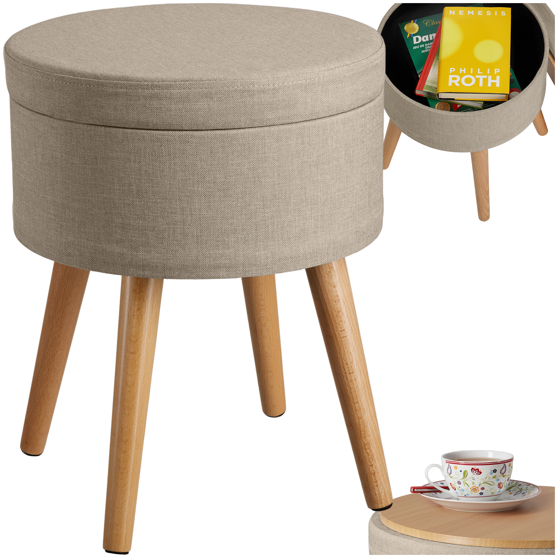Tectake - Tabouret Avec Espace De Rangement Rond Rembourré