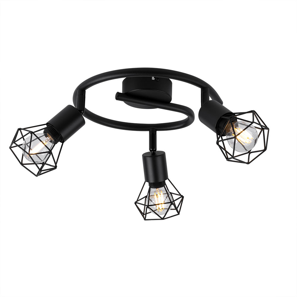 Deckenleuchte 3 Flammig Spotrondell Käfig Design Deckenlampe Strahler Schwarz, Spots Diamantförmig , 3x E14, 23 Cm