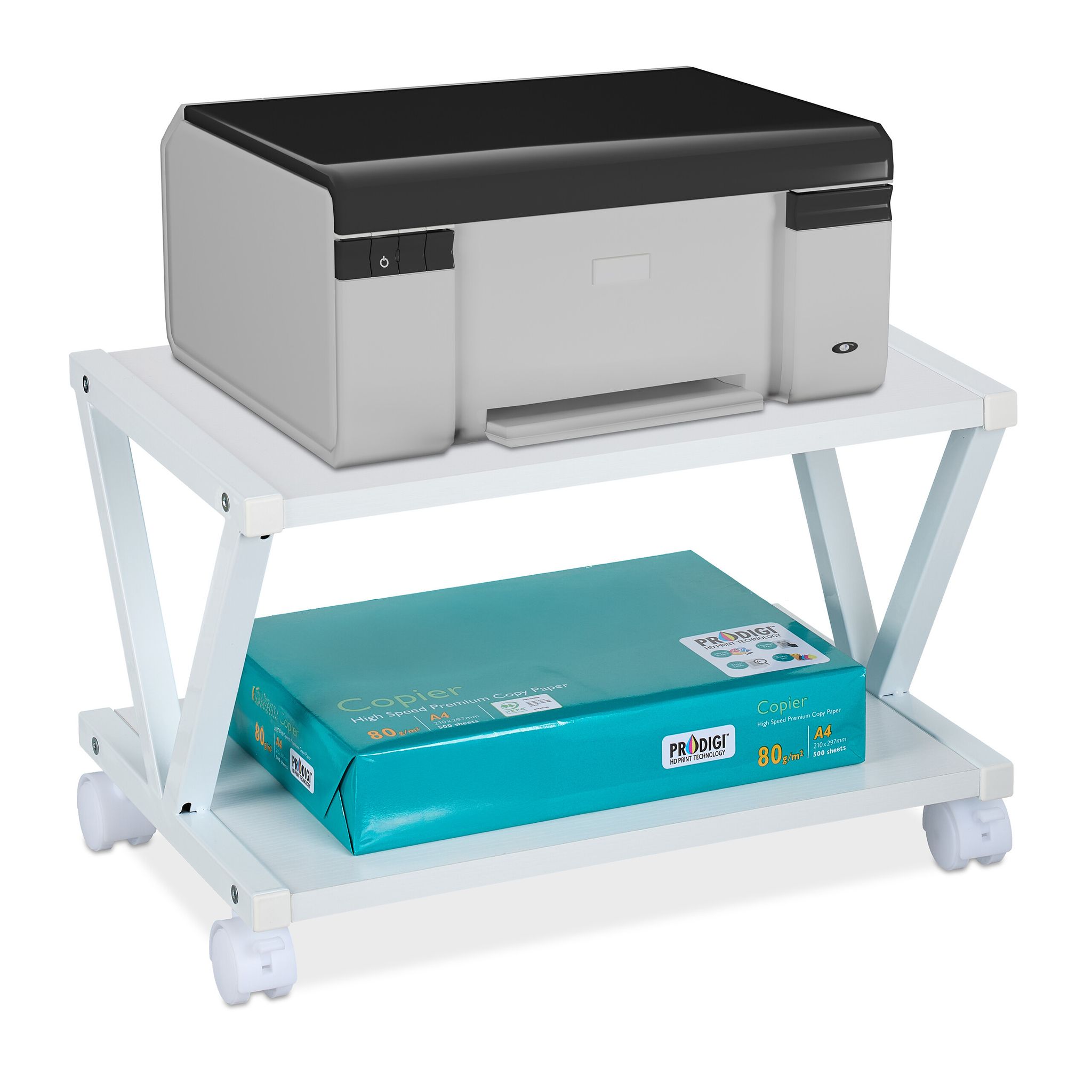 Relaxdays - Printer Stand For Desk, 2 Levels, Wheels, Office Shelf, Spare Paper, Storage, Hxwxd, 28 X 44 X 28.5 Cm, White