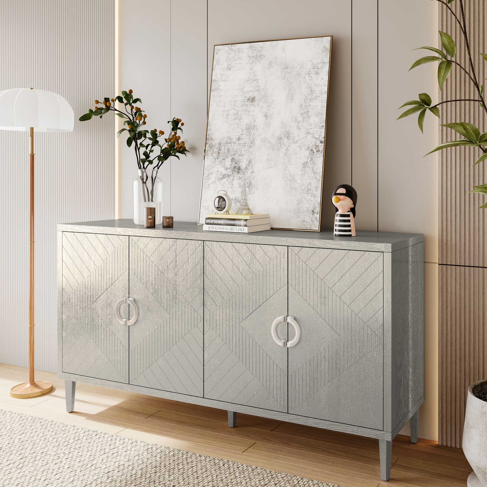 Stilvora Sideboard Mit 4 Türen Und Kiefernholzbeinen, Griffe Aus Zinklegierung, Zeitloses Design, Aus Mdf, 152×40×82, 5 Cm, Champagner