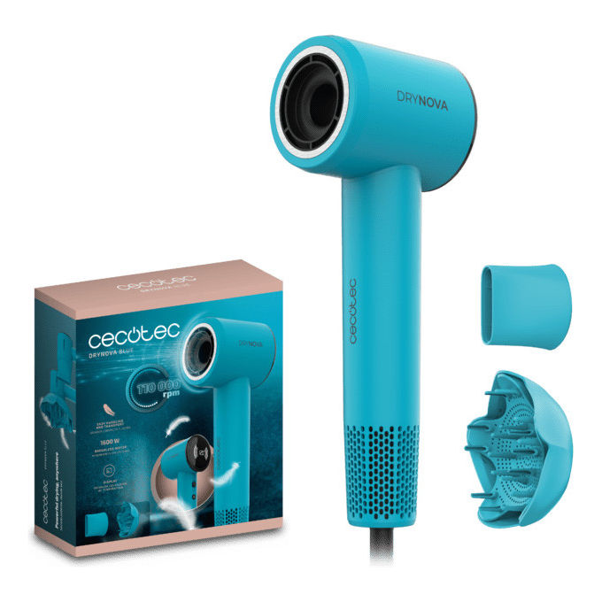 Cecotec Secador de Pelo Compacto y Ligero DryNova Blue Wave. 1600W, 110000RPM, Motor Brushless, Difusor y Concentrador