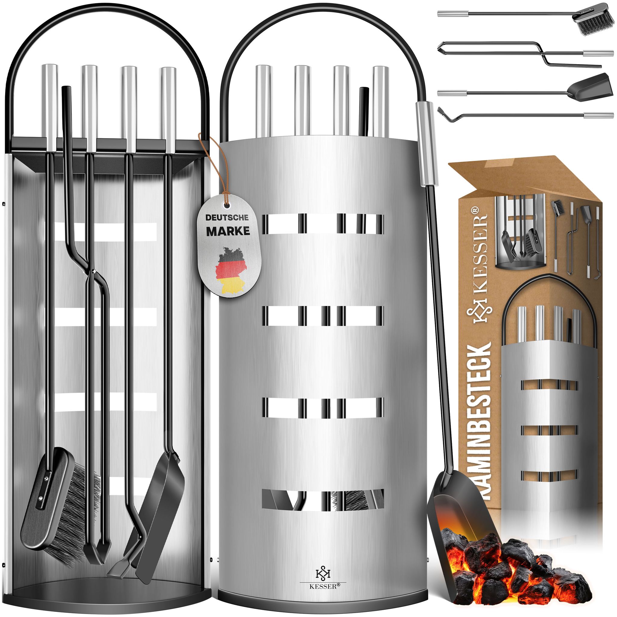 Kesser Silber Zubehör Kerzen + Kamin, Kaminzubehör 5-Teiliges Kaminbesteck Set Modern Design - Image 2