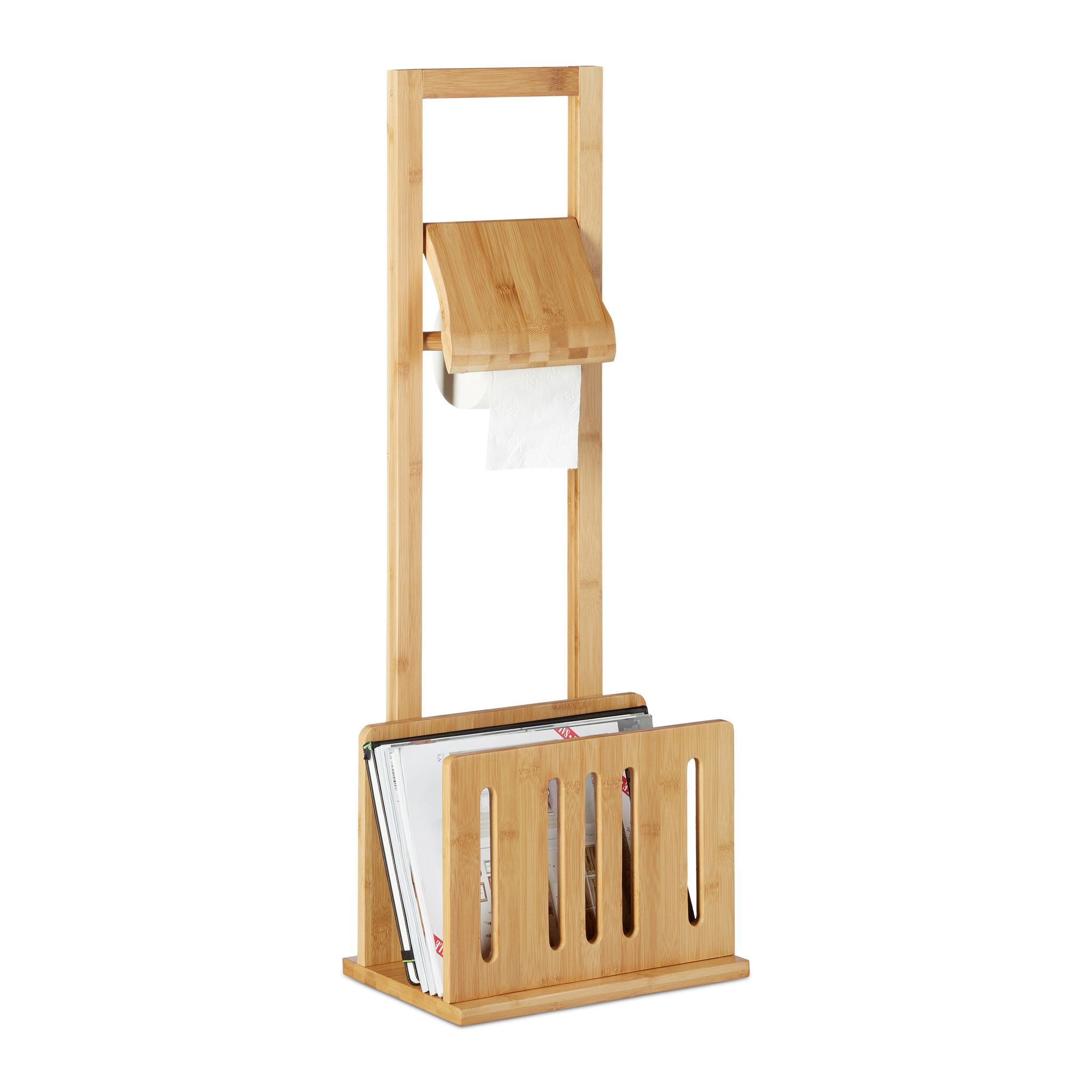 Porta Carta Igienica Con Portariviste, Bambù, Piantana Da Bagno Ripiano Per Riviste, 81,5x30,5x21 Cm, Naturale - Relaxdays
