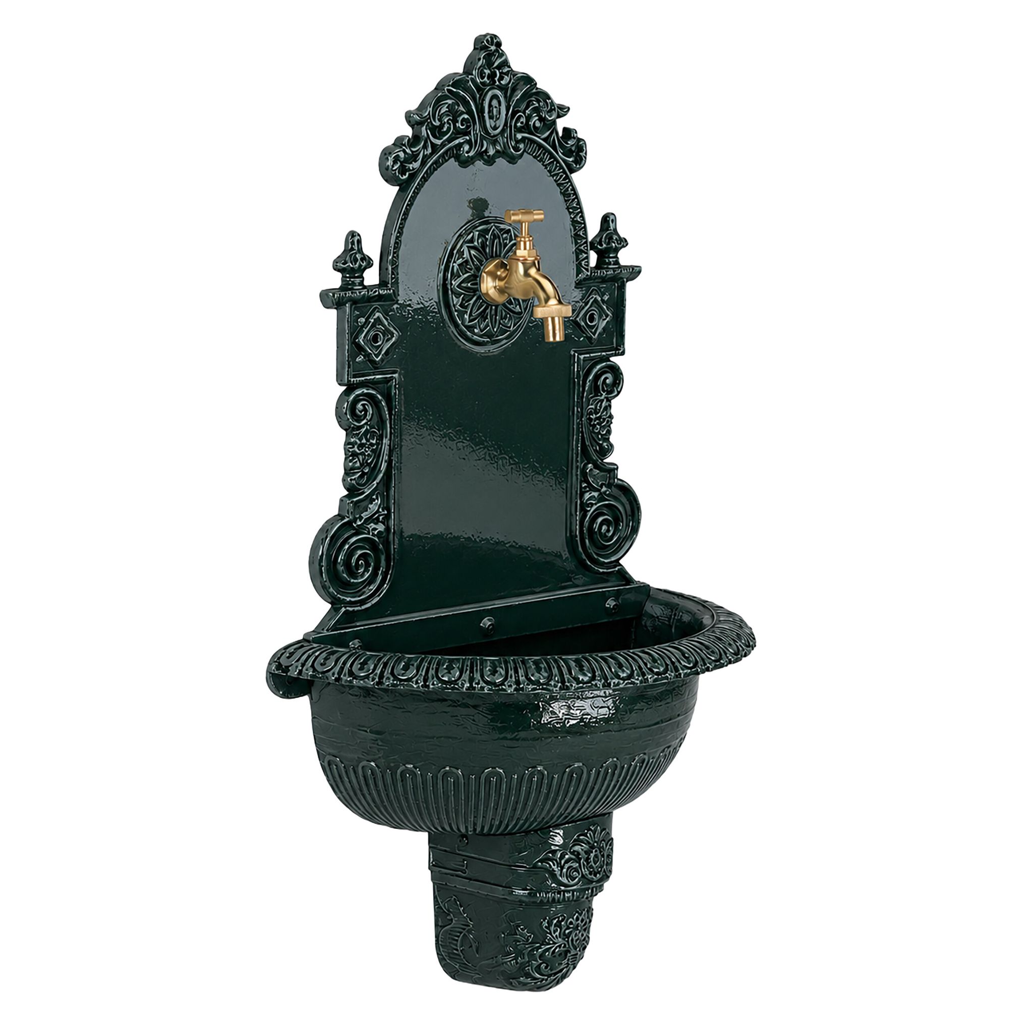 Relaxdays Xl Wandbrunnen Antik, Mit Wasserhahn, Nostalgisch, Waschbecken Garten, Aluguss, Hbt 75 X 44 X 22 Cm, Grün