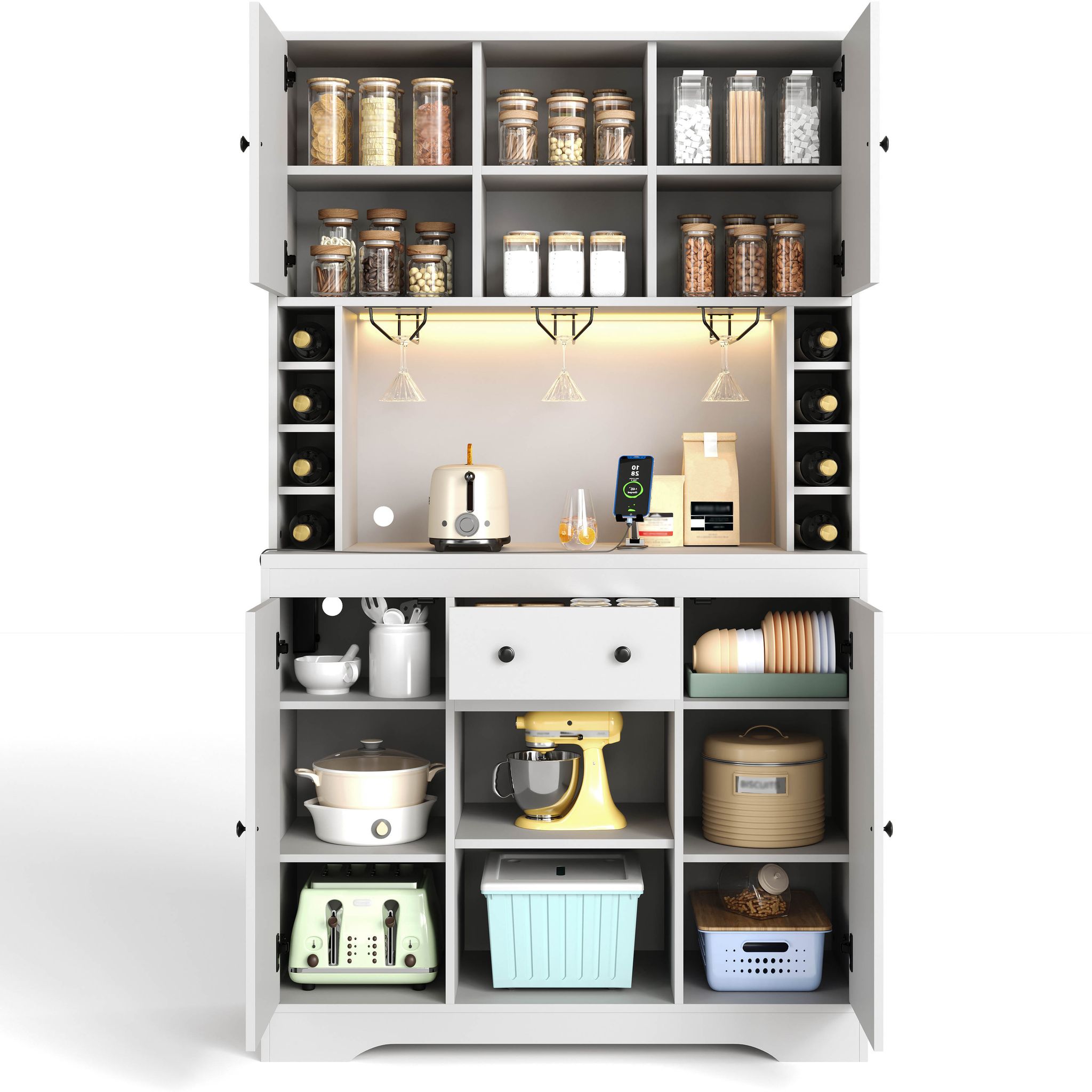Stilvora Küchenbuffet Mit 4 Türen, 1 Schublade, Verstellbaren Einlegeböden, Led Und Steckdosen, Mdf, Weiß, 105 × 40 × 180 Cm