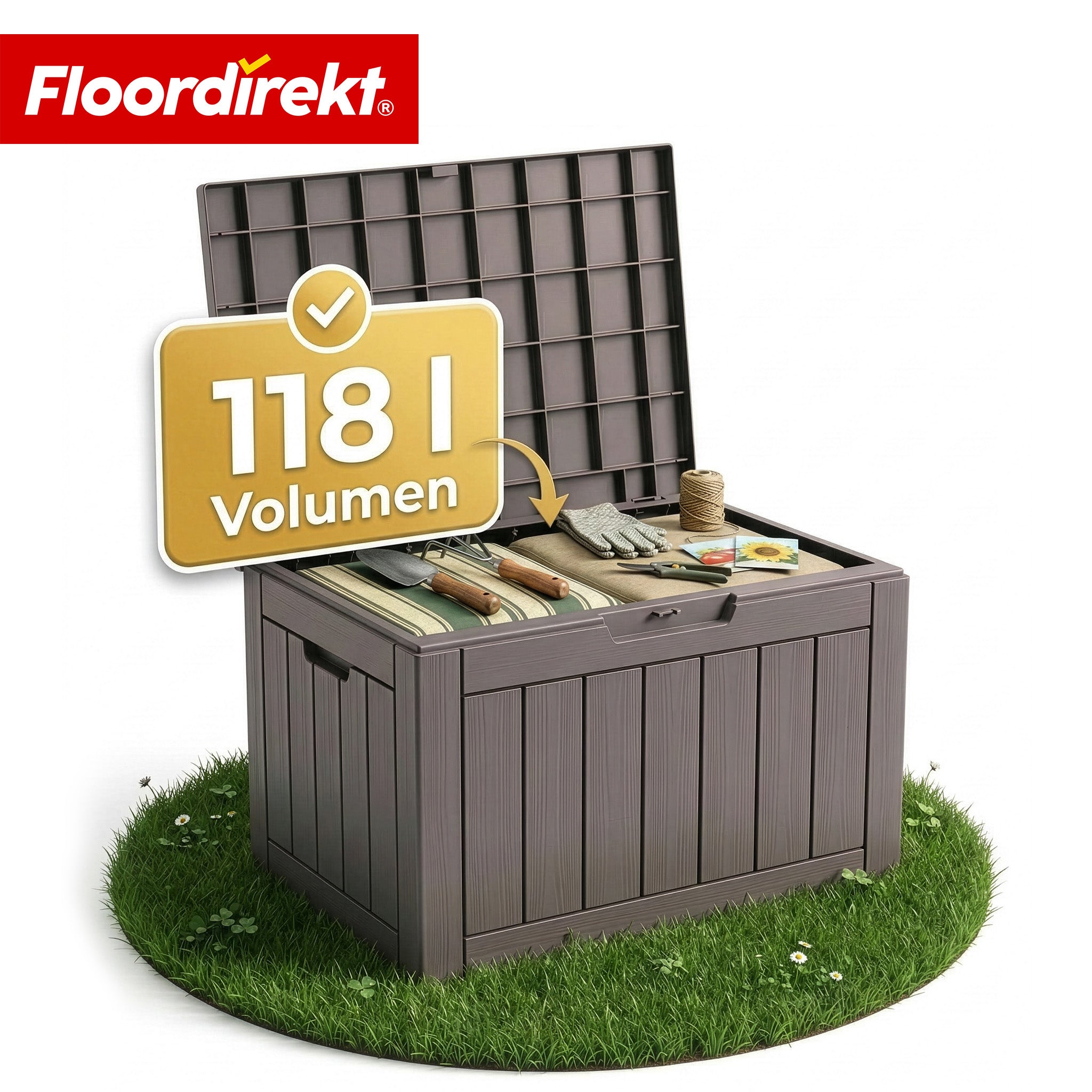 Floordirekt Gartenbox In Holz-optik Wetterfeste Kissenbox Für Terrasse & Balkon Braun 56 X 43 X 53 Cm (118 L)