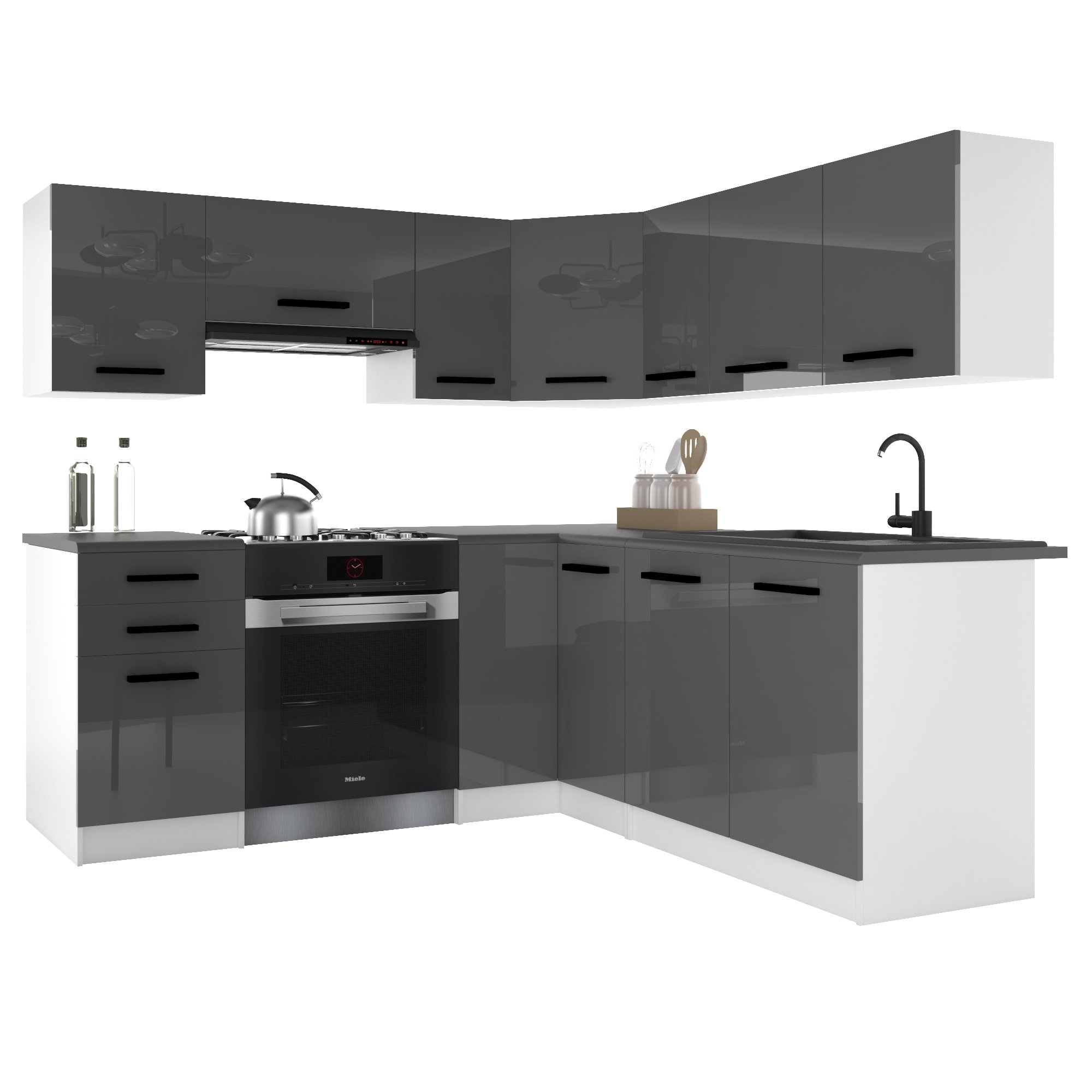 Belini Italia 6 Cuisine Equipée Modulaire Complète - 360 Cm. Meubles Hauts Bas Avec Plan De Travail, Gris Très Brillant