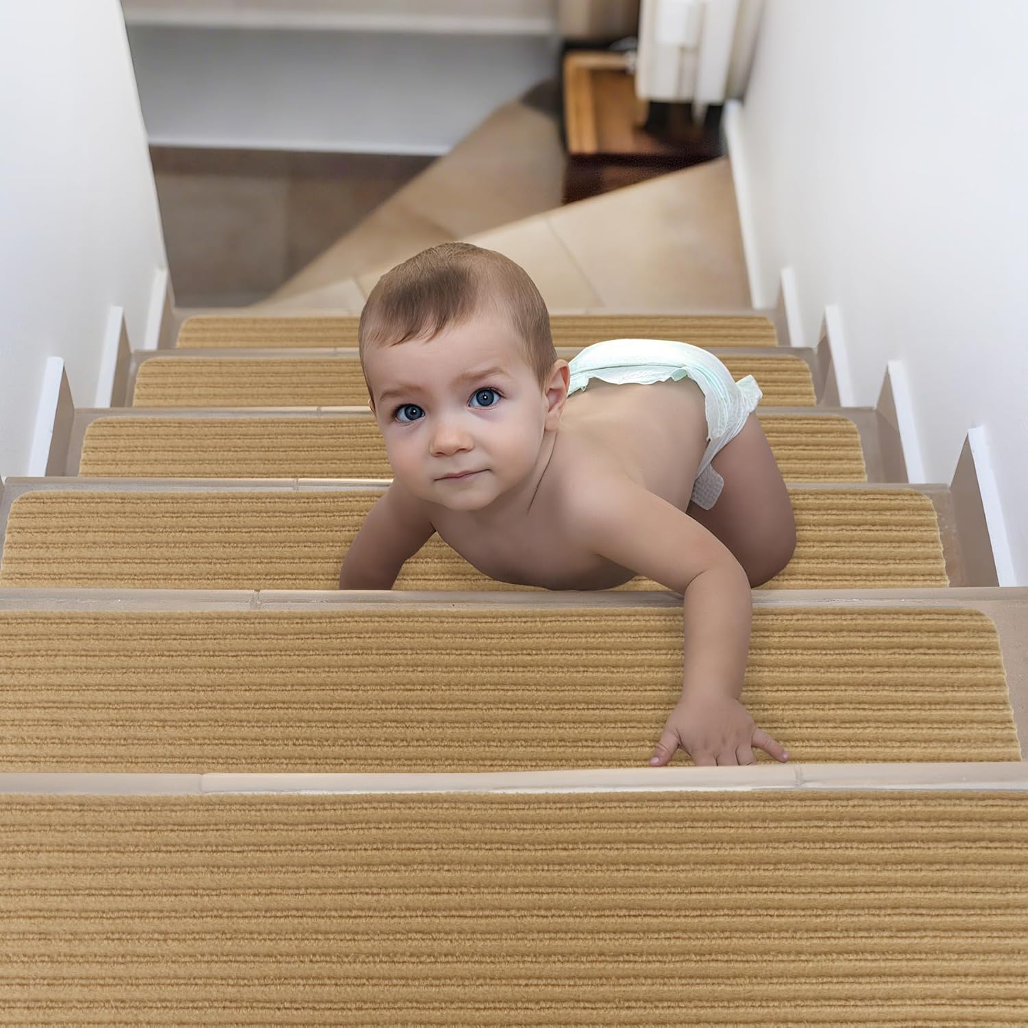 Tapis d'escalier antidérapants auto-adhésifs en polyester, 76 x 20 cm, beige, lot de 15