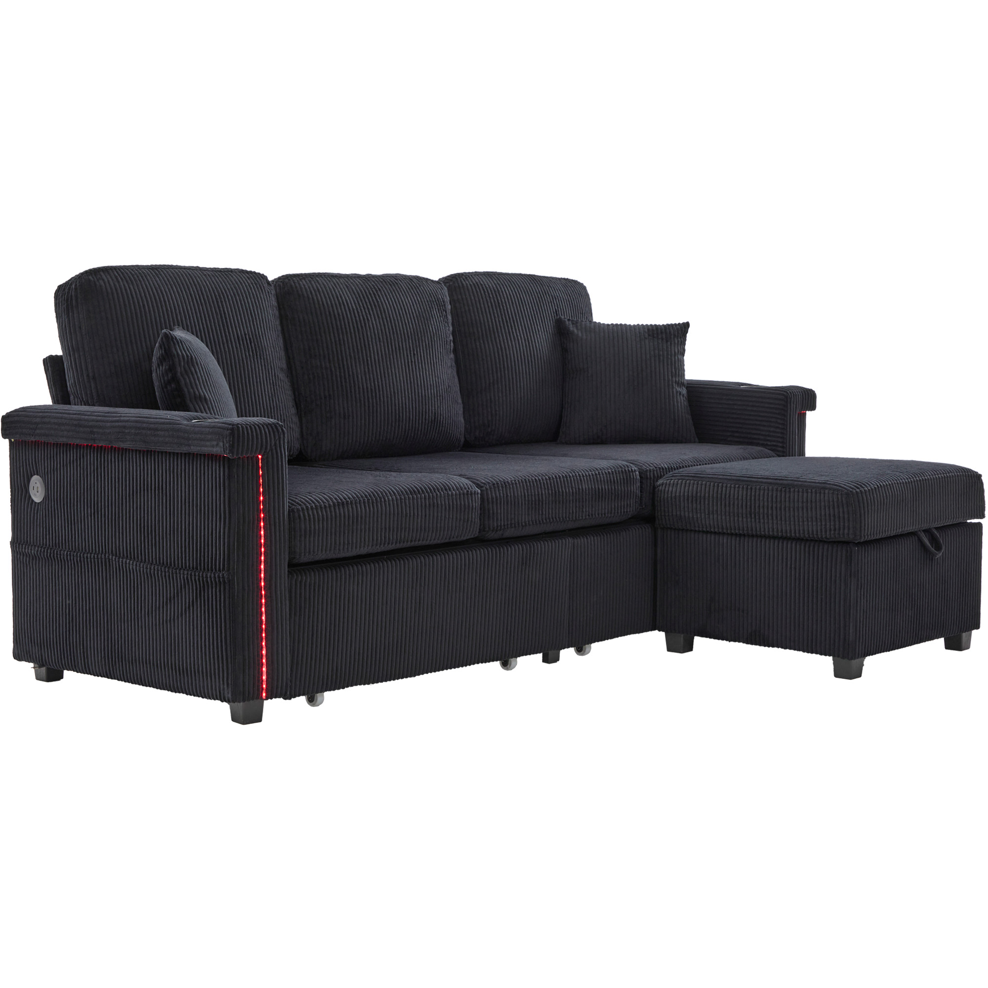Canapé D'Angle Réversible 3 Places En Velours Côtelé Avec Coffre, 2 Tiroirs, Porte-gobelets, Led Et Usb/type-c, Noir