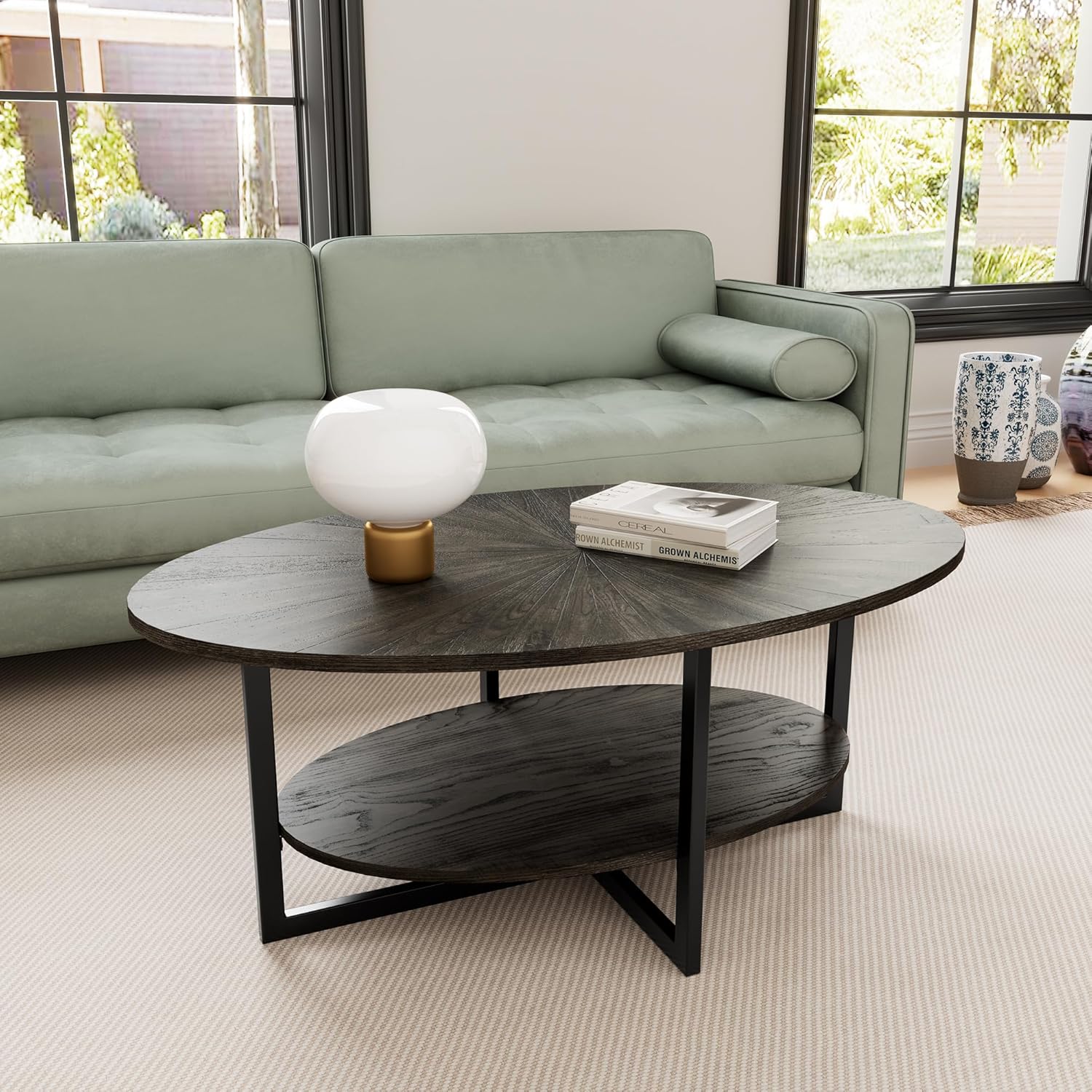 Padma House Table Basse Ovale En Bois Massif Avec Pieds En Métal Croisé
