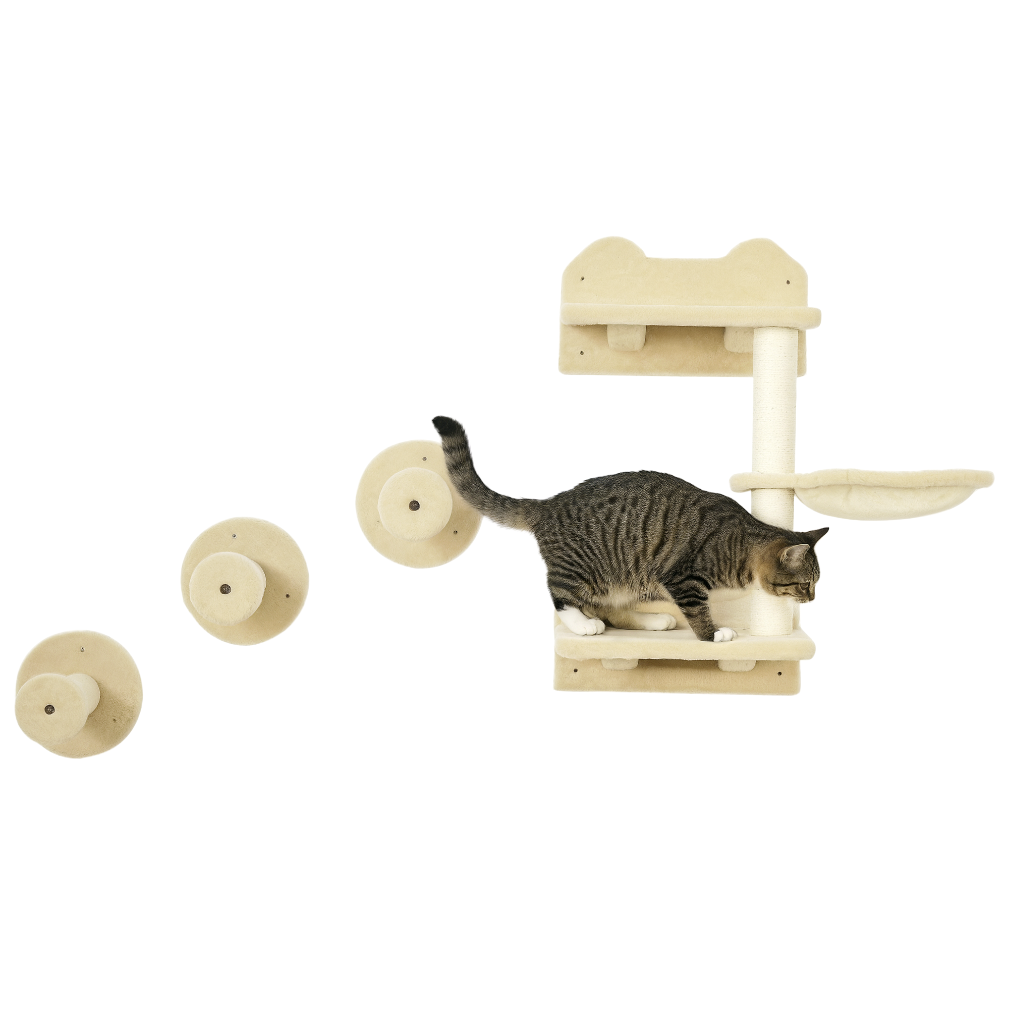 Katzen Kletterwand, 4-teilig, Katzenkletterwand, Inkl. 1 X Sprungturm, 3 X Kratzbäume, Kletterwand Set, Kratzbaum Mit Hängematte, Wandliege Katzen, Katzentreppe, Sisal, Beige+cremeweiß - Pawhut