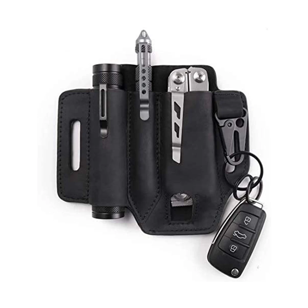 Étui multi-outils à accès rapide en cuir pleine fleur, passants de ceinture jusqu'à 4,5 cm, noir