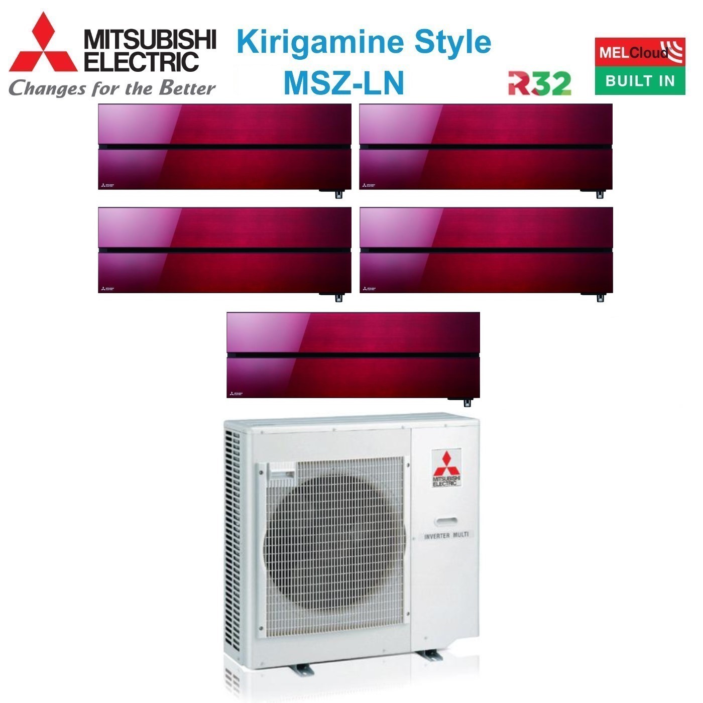 Climatizzatore Condizionatore Mitsubishi Electric Penta Split Inverter Serie Kirigamine Style Msz-ln 9+9+9+9+9 Con Mxz-5f102vf Ruby Red R-32 Wi-fi Integrato Colore Rosso 9000+9000+9000+9000+9000
