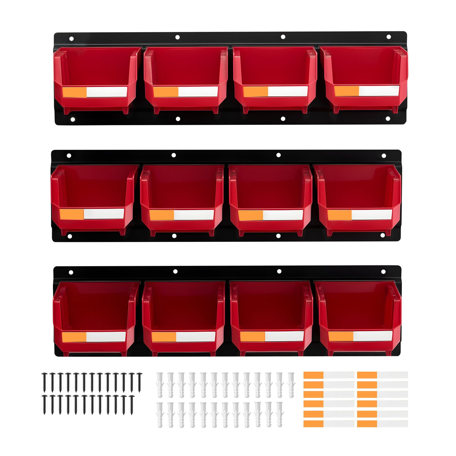 Range mural 12 bacs plastique et 3 rails métalliques, organiseur à ouverture frontale pour vis, écrous et boulons, rouge