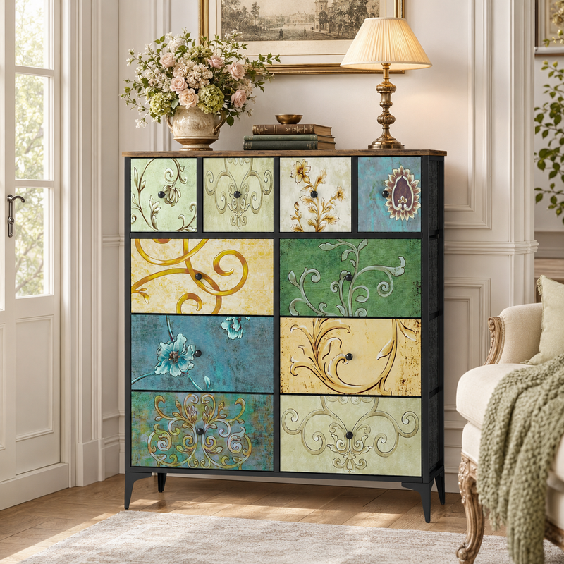 Wumagin - Commode 10 Tiroirs - 100x106x29cm - Design De Style Rétro