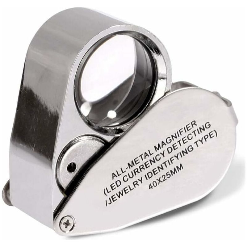 Loupe de bijoutier pliante 40x avec éclairage double LED et lumière UV, verre optique 25 mm, 3 piles LR1130 incluses