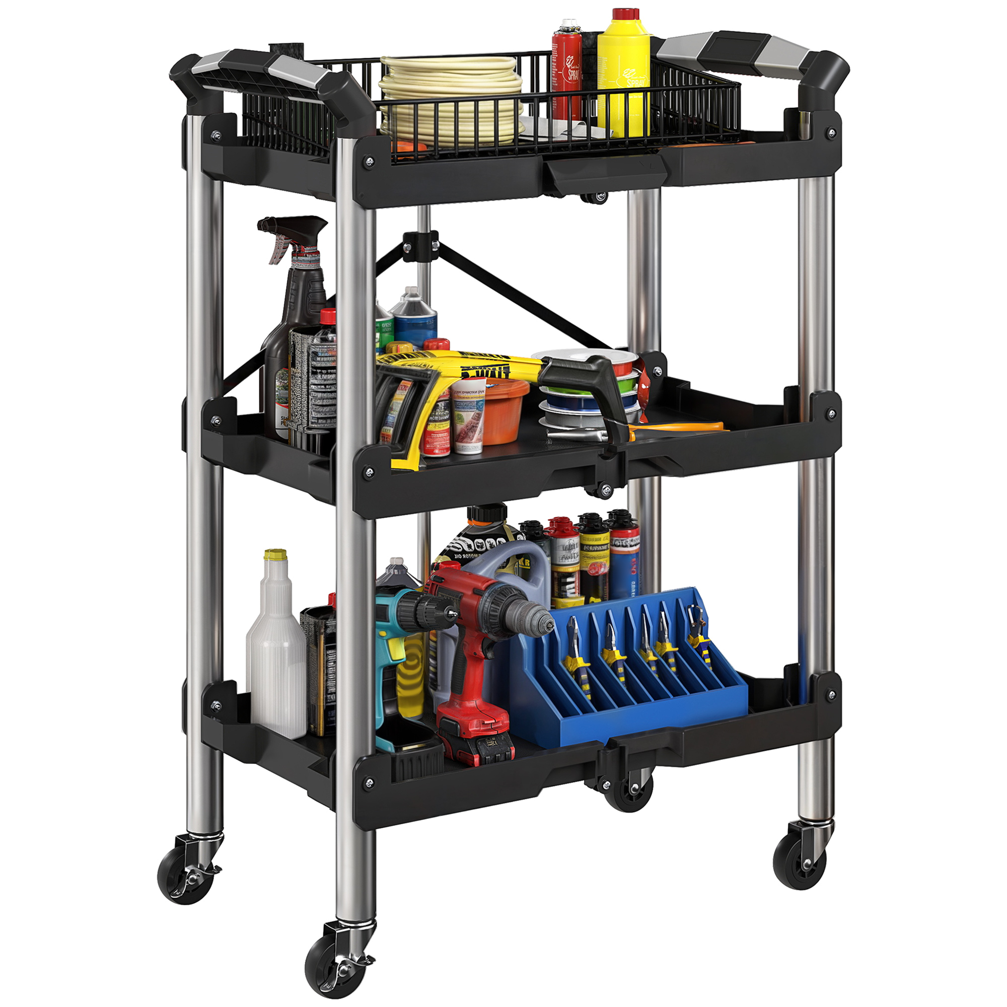 Servante d'atelier pliante 3 niveaux en acier et plastique noir, charge 68 kg, 4 roues pivotantes