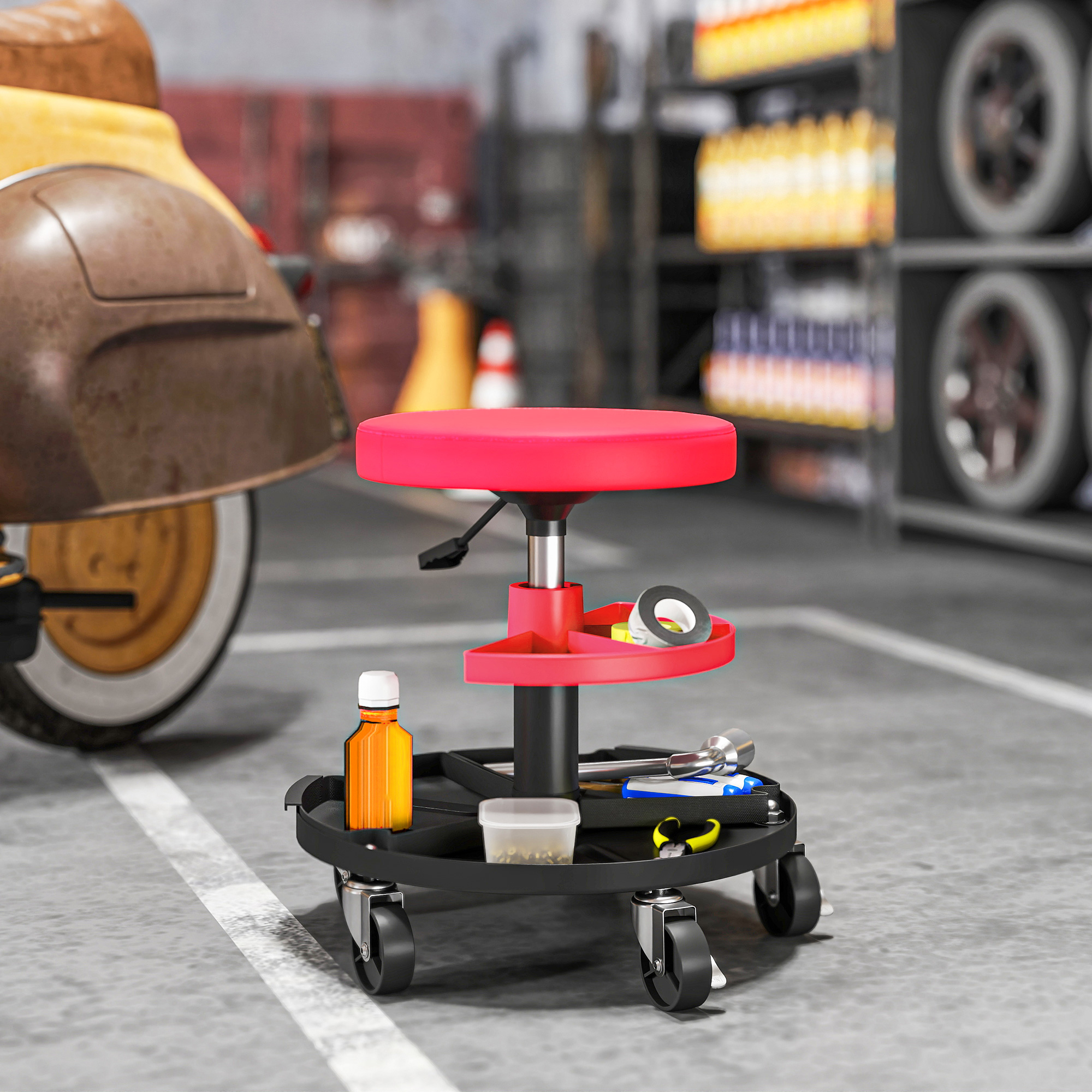 Tabouret d'atelier pivotant à roulettes, hauteur réglable 40 à 51 cm, 2 plateaux, charge 135 kg