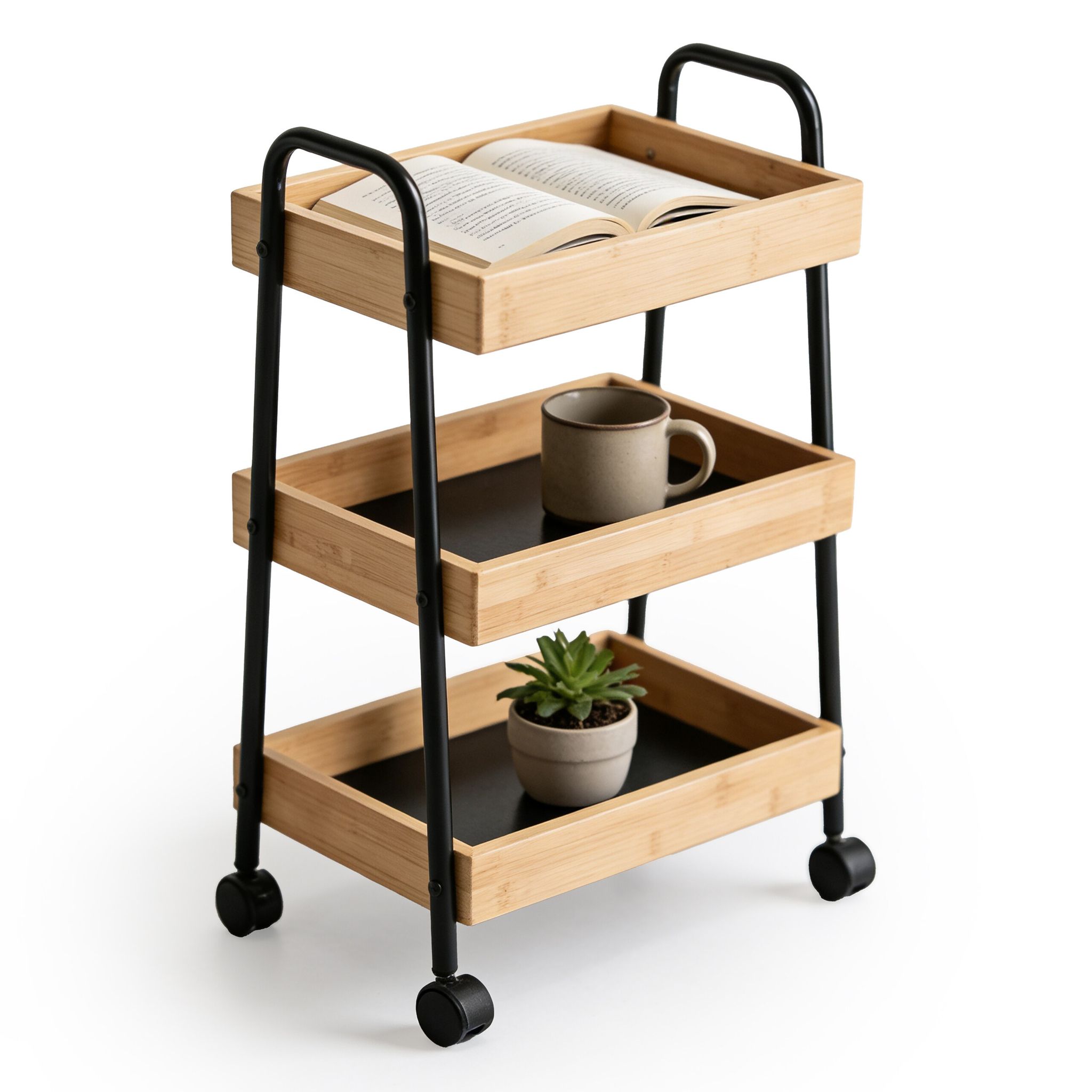relaxdays Rollwagen "Bambus & Metall 3 Fächer 73 x 45,5 x 28 cm" Mobiler Küchenwagen mit 3 Ablagen aus Bambus und Metall