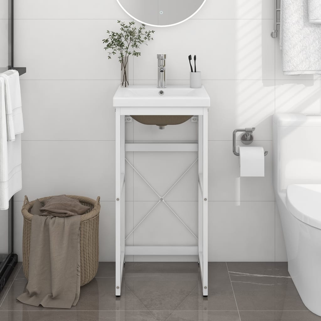 Vidaxl Weiß Badezimmer-Waschtischgestell Mit Waschbecken Eisen