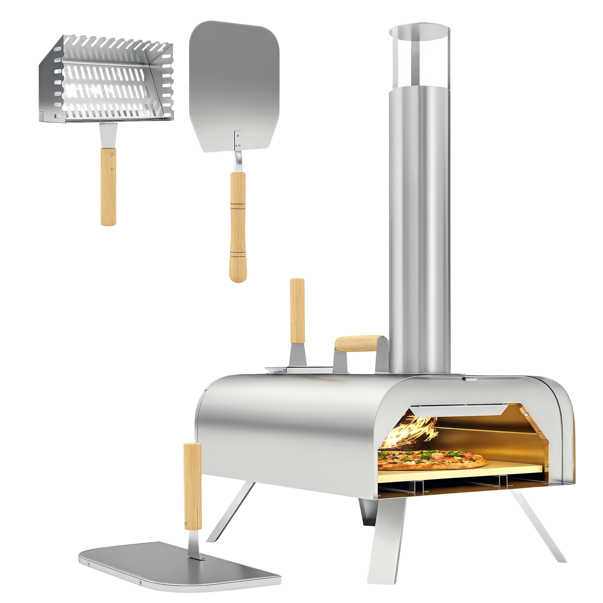 Forno Per Pizza Portatile Da Esterno A Legna O Pellet Con Pietra Refrattaria, Gambe Pieghevoli E Camino In Acciaio Inox Argentato.