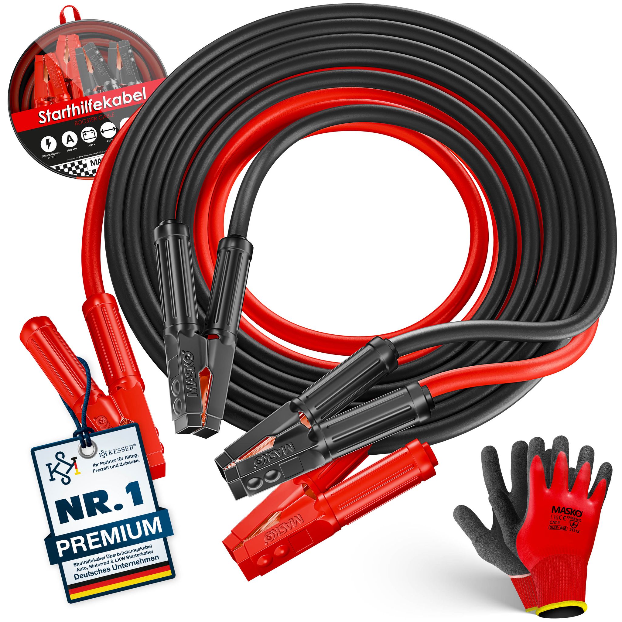 Masko Rot/Schwarz Starthilfekabel Überbrückungskabel Für Benzin- Und Dieselmotoren 6/12/24 Volt. Auto Motorrad Starterkabel Aus Kupfer Inkl. Handschuhe Und Tragetasche 4M / 3000Amp