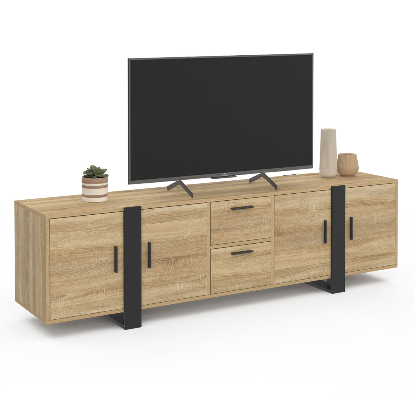 Idmarket - Meuble Tv 180 Cm Phoenix 4 Portes + 2 Tiroirs Bois Et Noir
