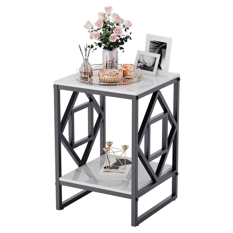 Unho Table Basse Marbre Table D'Appoint Carrée À 2 Niveaux En Marbre Cadre En Fer Table De Chevet Pour Salon Chambre - Noir 40x40x58.5cm