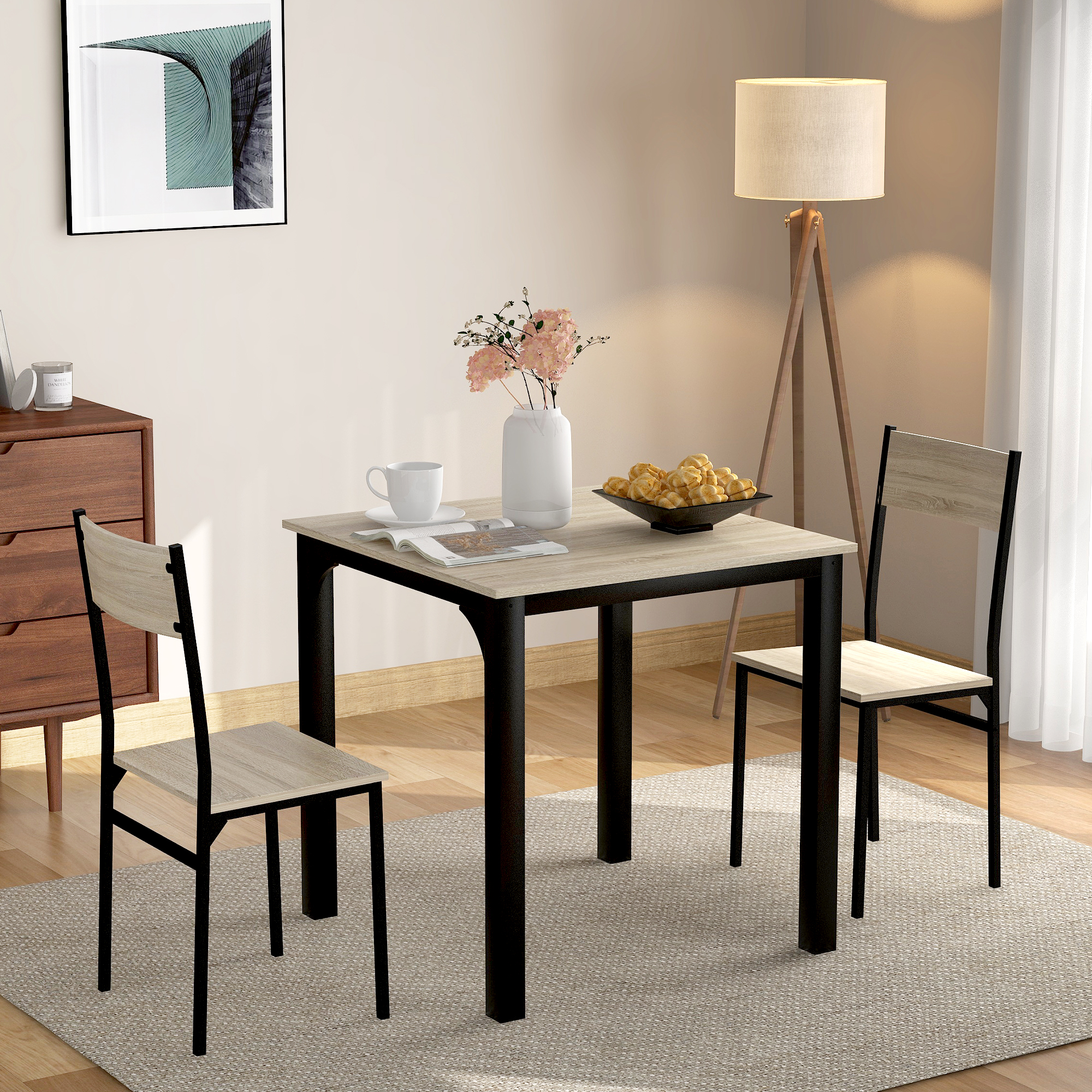 Table 117 Cm Avec 4 Chaises Lin Gris Pieds Métal Noir, Ensemble Repas Contemporain Cuisine Salon Gain De Place