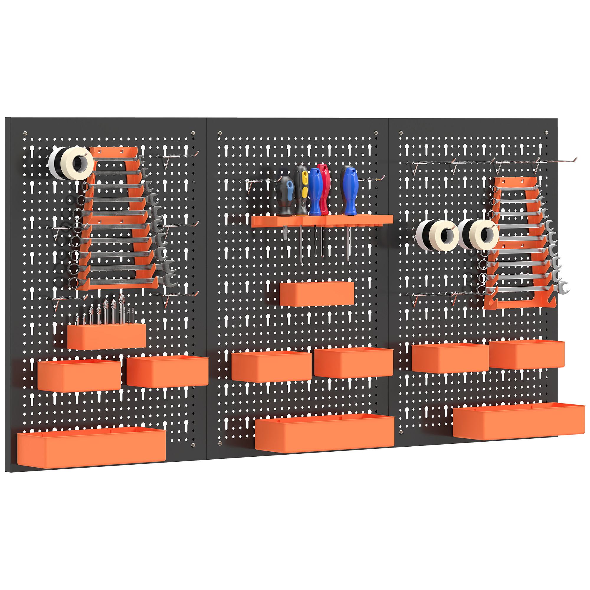 Panneau perforé mural 120 x 60 cm en acier, 3 panneaux, 33 pièces avec crochets, bacs et étagères