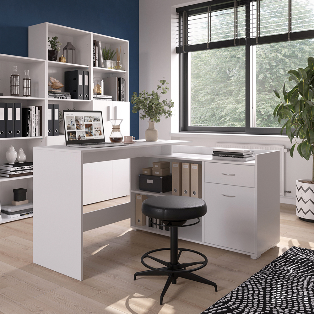 Bureau D'Angle Noira, Blanc, 135x77cm Avec Tiroir, Vicco
