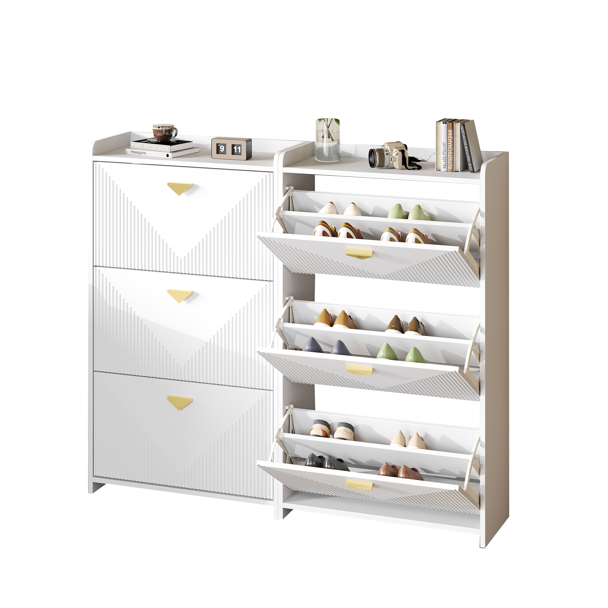 Stilvora Schuhschrank Mit 3 Klapptüren Und 6 Fächern, Verstellbare Trennwände, Aus Mdf, Weiß, 70 × 30 × 120 Cm