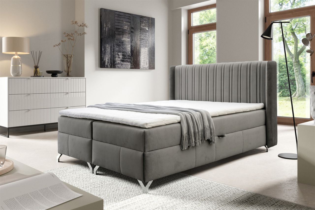 Boxspringbett Schlafzimmerbett Damien 200x200cm Stoff Salvador Dunkelgrau