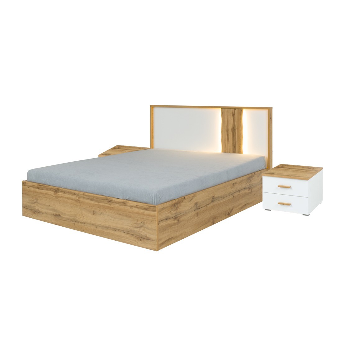 Pack Lit Wood 180 X 200 Cm Avec Led Et 2 Chevets – Blanc Et Chêne