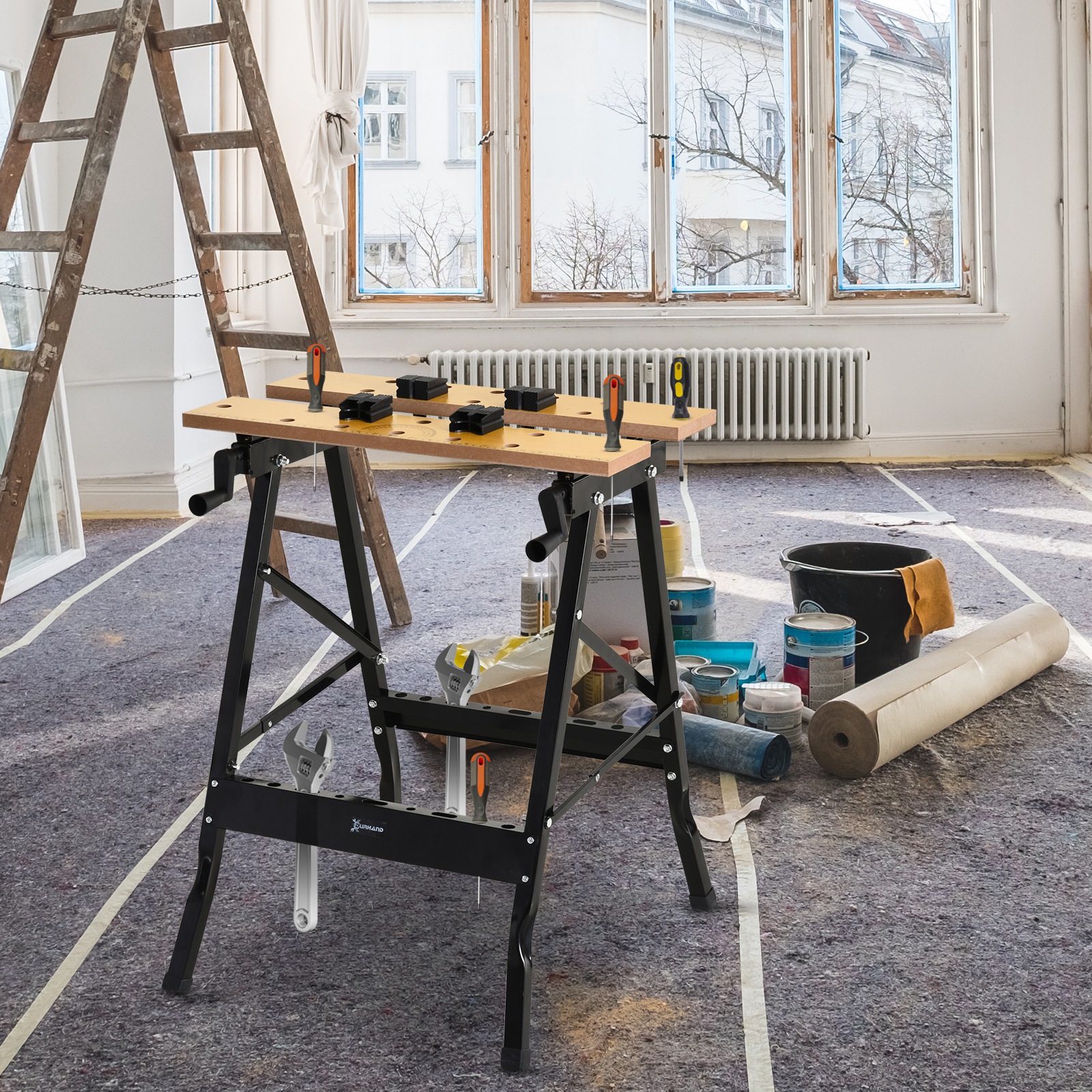 Établi pliant portable multifonction en fer et MDF, 70 kg, 4 trous pour serre-joints et scie, 56 x 62 x 75 cm
