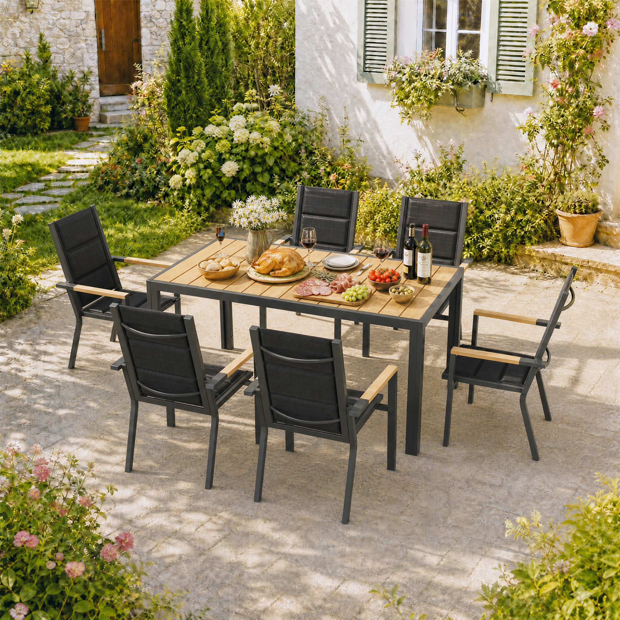 Devoko – Table De Jardin Aluminium 150x80x72cm – Plateau Aspect Bois Naturel – Pour 6-8 Personnes – Cadre Léger Et Résistant – Surface Facile À Nettoyer