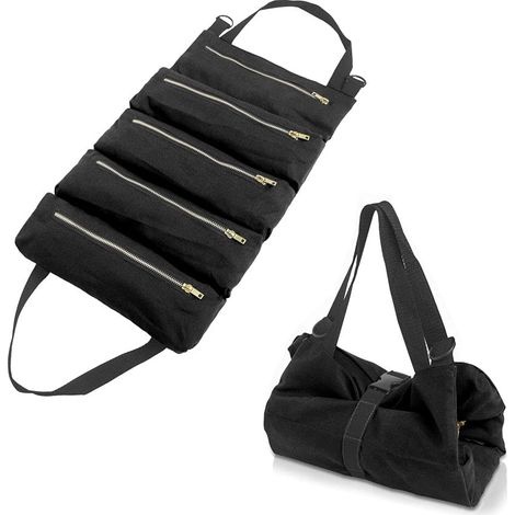 Trousse à outils en toile à enrouler, 5 poches zippées, 48 x 28 cm, noir