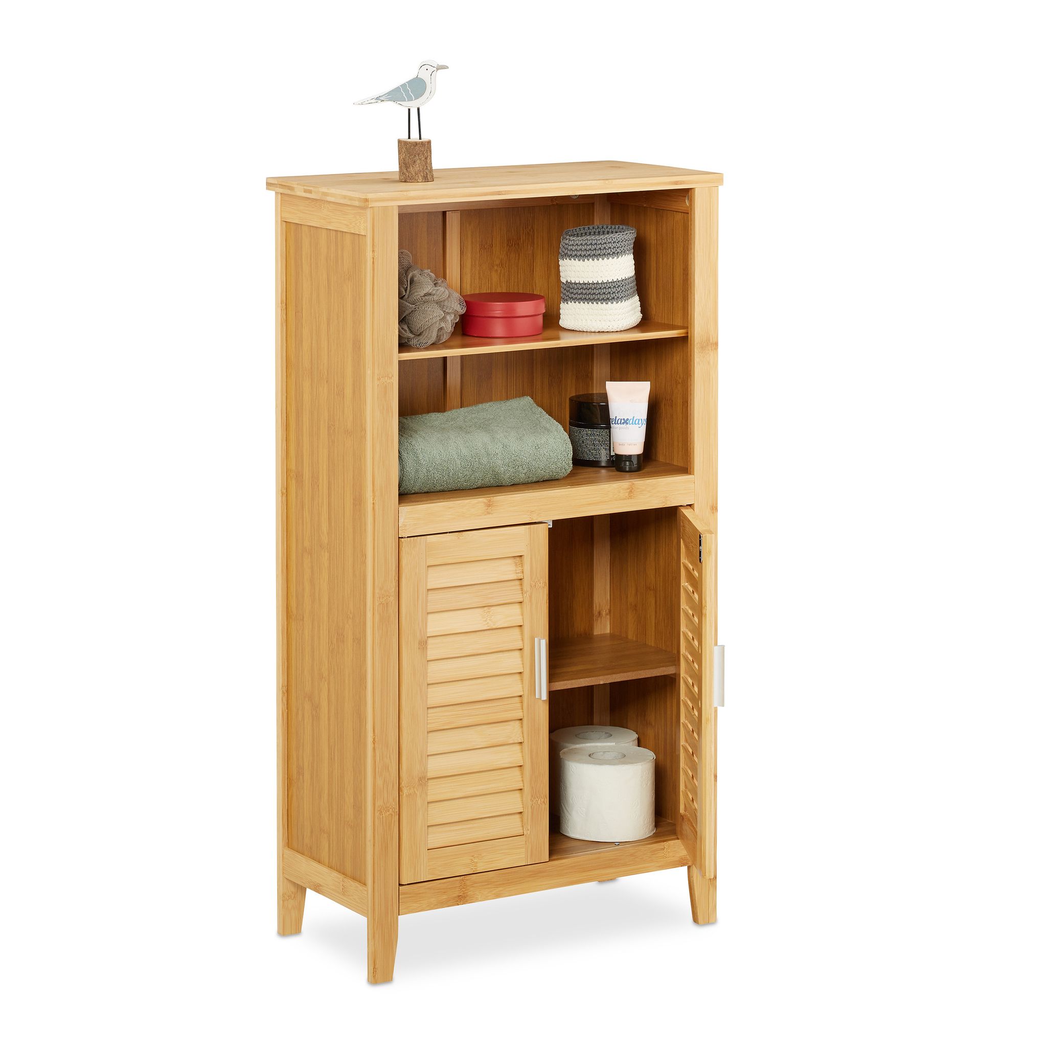 Relaxdays - Lamell Bamboo Bathroom Cabinet 92 X 50 X 25 Cm With 2 Handles & Doors, Bathroom Cabinet Or Telephone Shelf, Bathroom Cabinet Cupboard With
