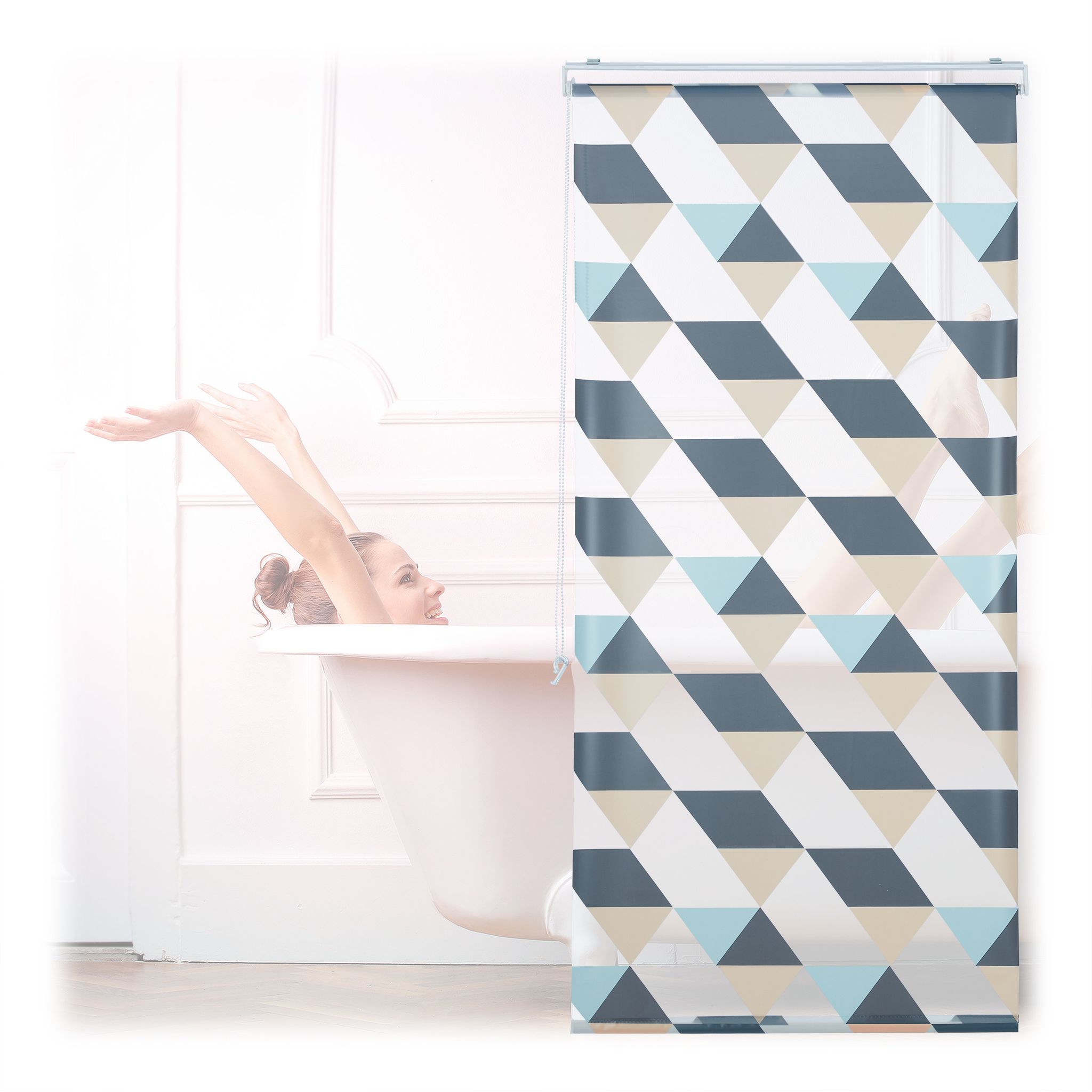 Tenda Da Doccia, 80x240, Design Triangoli Moderno, Rullo Flessibile, Vasca Da Bagno & Finestra, Multicolore - Relaxdays