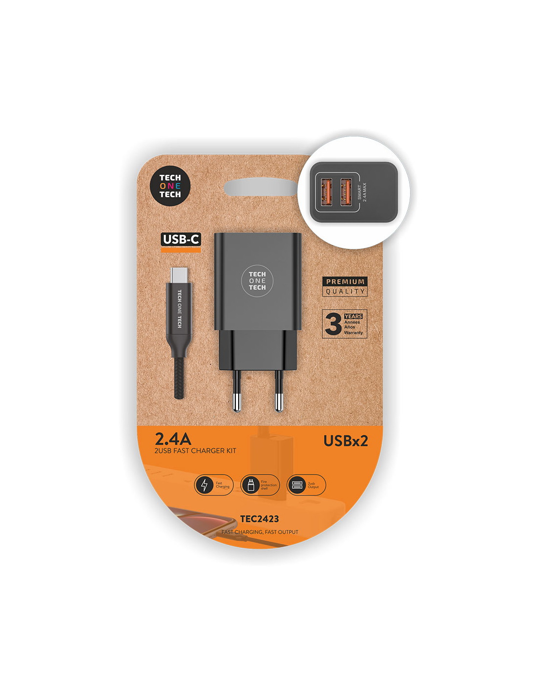 Edm Schwarz Tech One Tech Doppeltes Schnellladegerät Mit Intelligenten 2,4-A-Usb-Ausgängen + Usb-C-Kabel, E Farbe - Bild 4